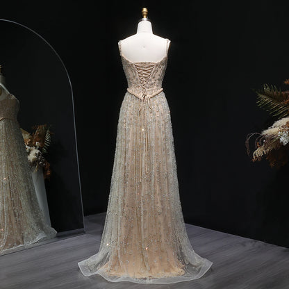 Green Long Sleeves Sage Green Spaghetti Strap Evening Gown — Arabic Luxury 2026 — Riviera Couture GCC Luxury Evening Gown