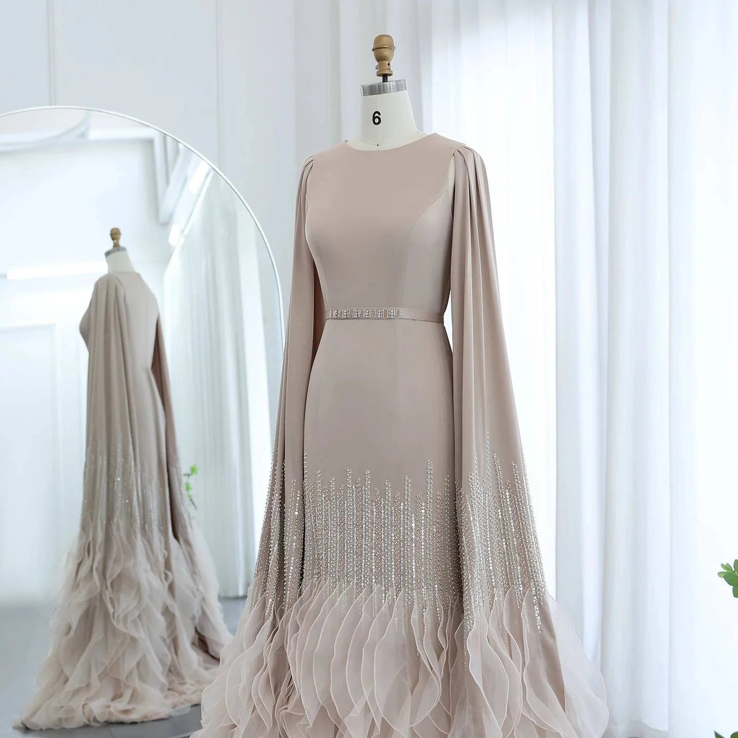 Mermaid Nude Evening Dress with Cape Sleeves Tiered Ruffles - Riviera Couture