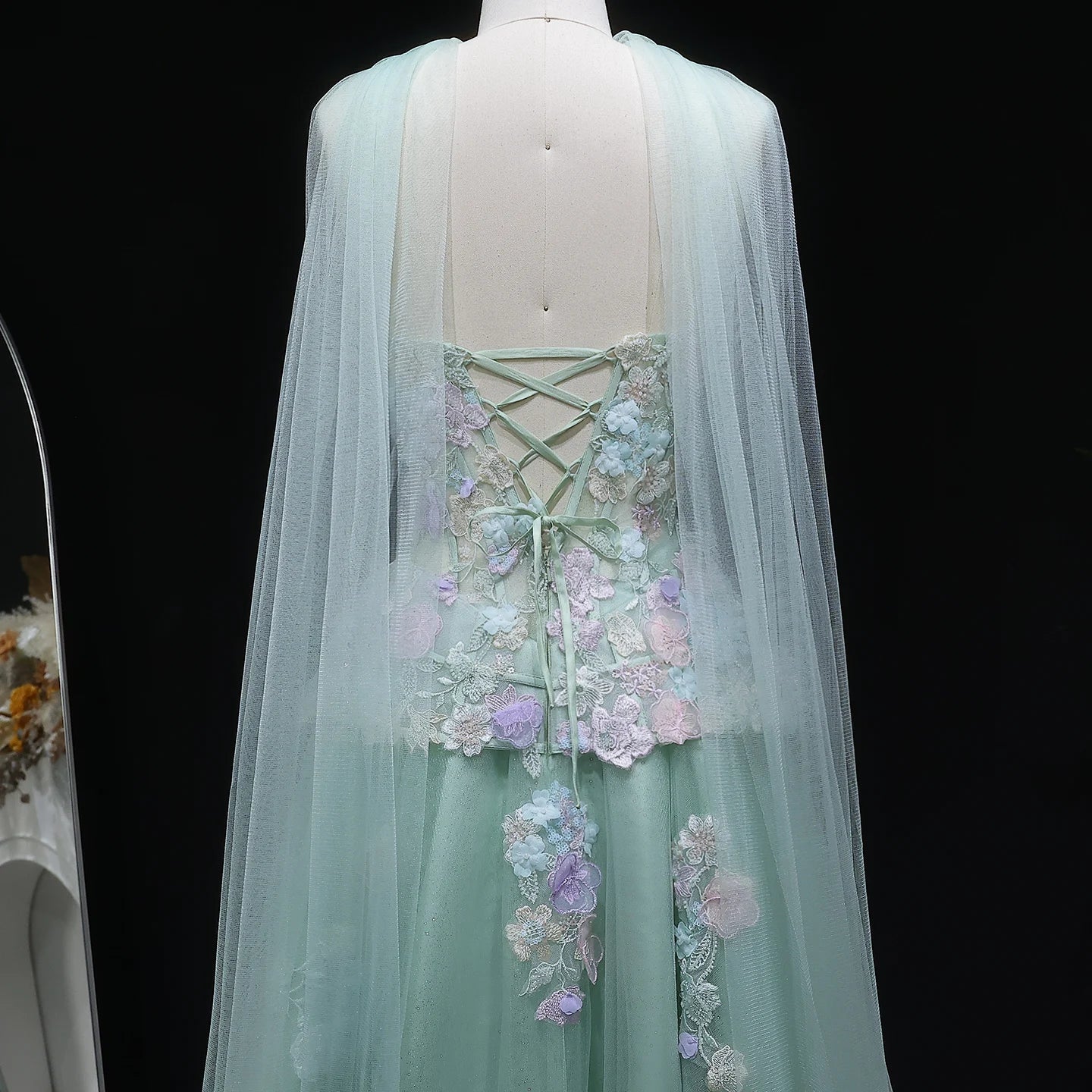 Sage Green Sage Green A-Line Evening Gown with Scarf — 3D Flowers GCC 2026 — Riviera Couture GCC Luxury Evening Gown