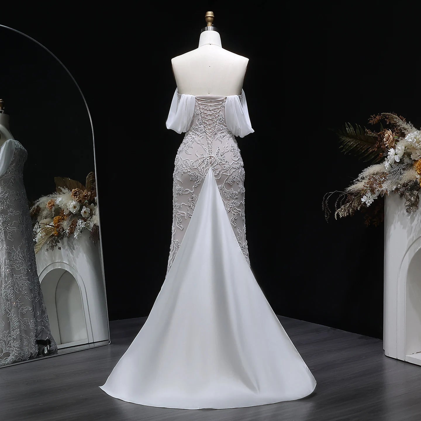Ivory Ivory Off-Shoulder Mermaid Evening Gown — Luxury Beaded Arabic — Riviera Couture GCC Luxury Evening Gown