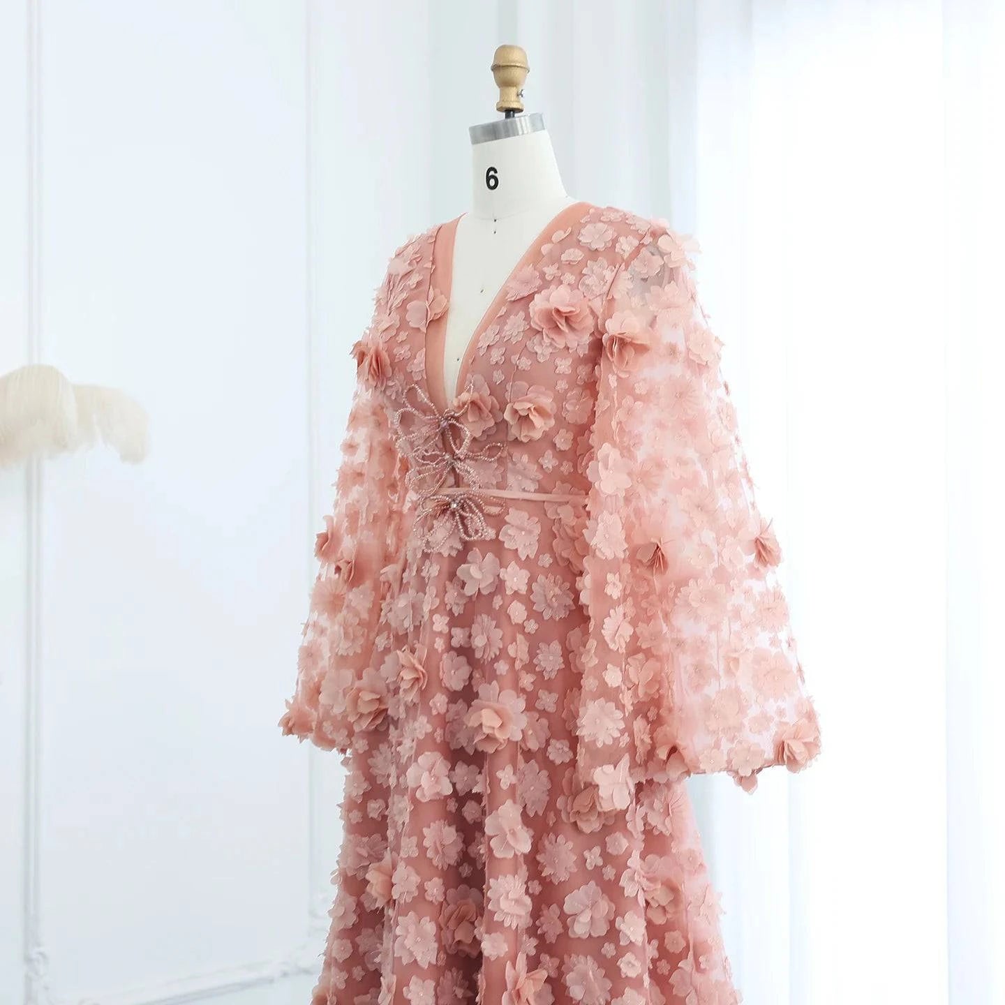 Blush Peach-Pink 3D Flowers Evening Dresses with Sleeves - Riviera Couture