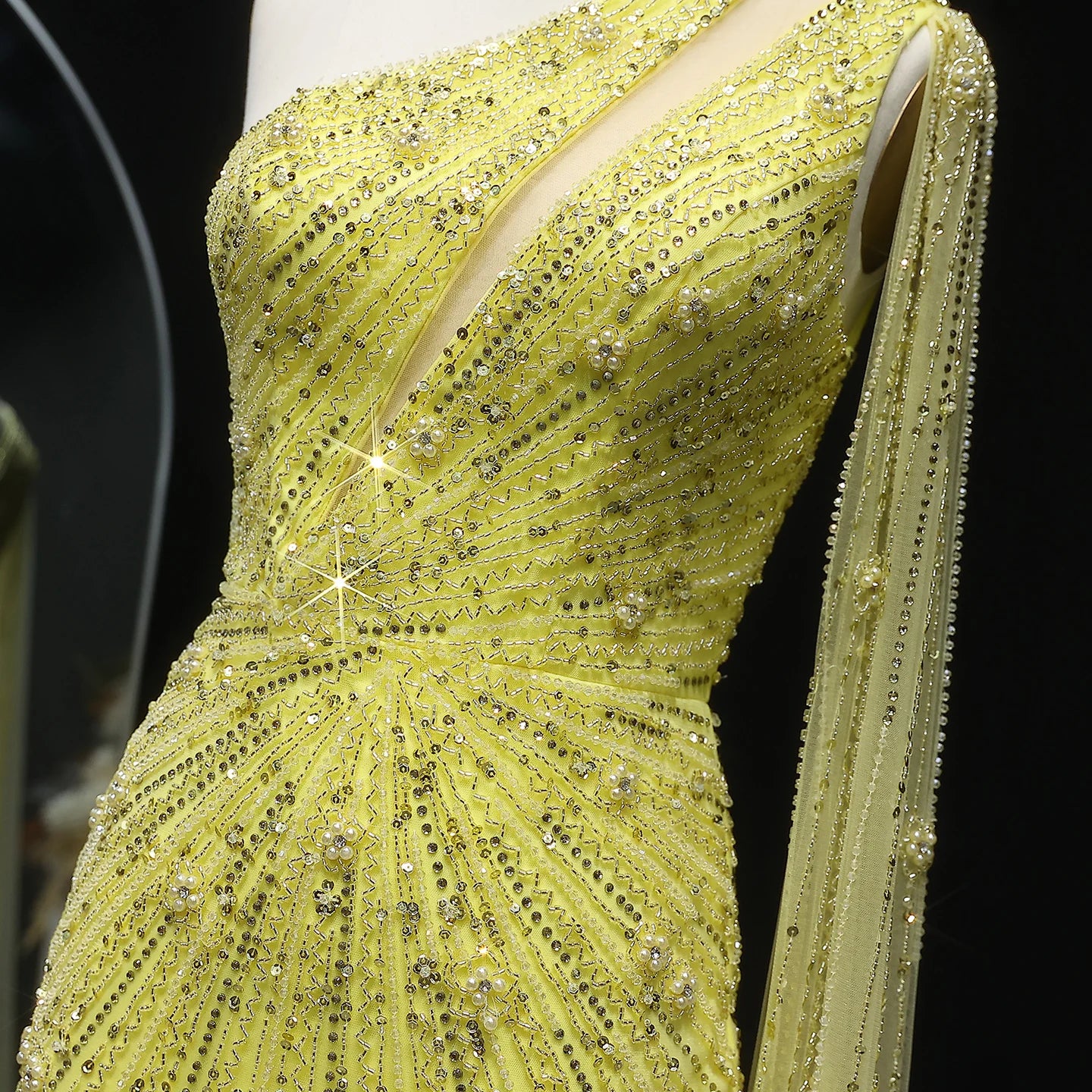 Yellow Black One-Shoulder Mermaid Evening Gown with Yellow Flowing Cape — Riviera Couture GCC Luxury Evening Gown