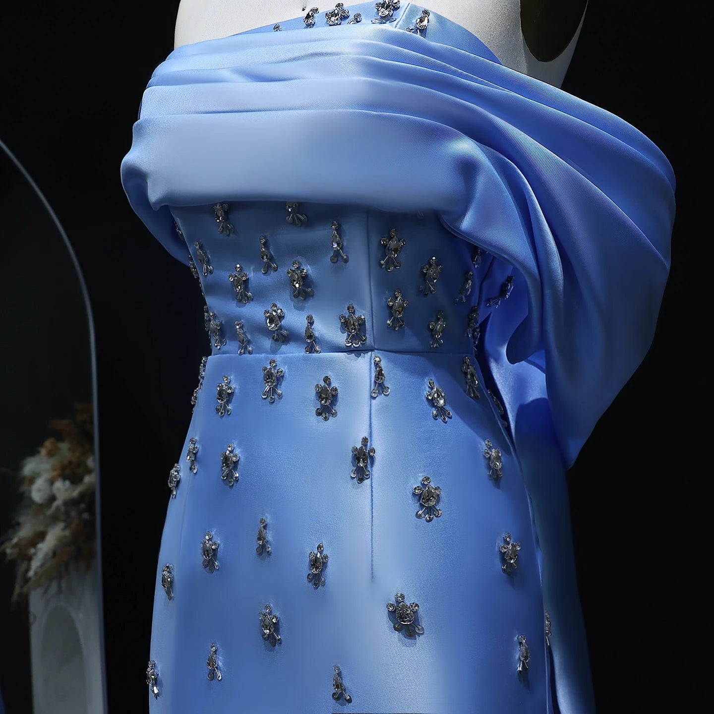 Blue Blue Satin Off-Shoulder Evening Gown with Crystal Overskirt — Midi — Riviera Couture GCC Luxury Evening Gown