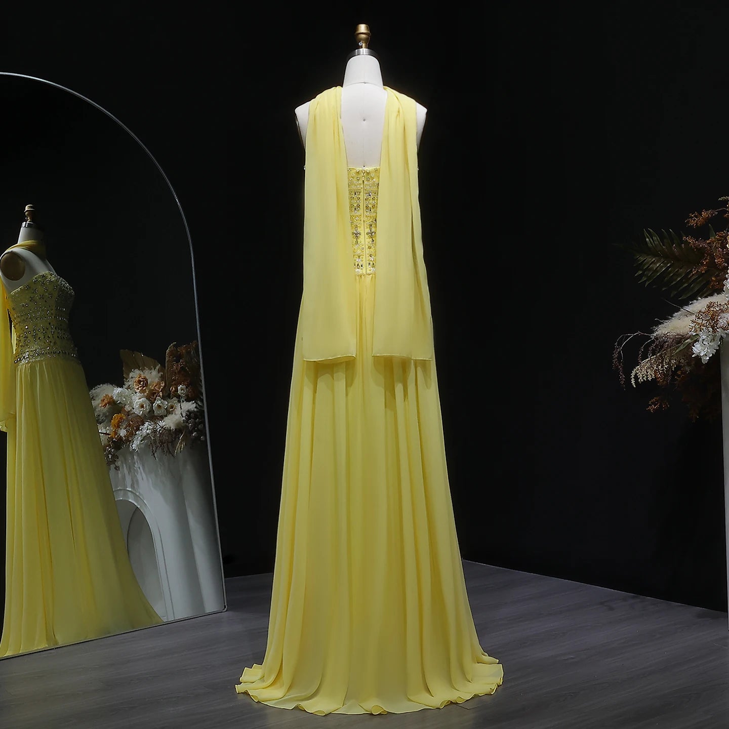 Peach Long Sleeves Lilac Beaded Strapless Evening Gown with Flowing Chiffon Skirt — Riviera Couture GCC Luxury Evening Gown
