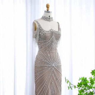 Silver Nude Gown with Tassels and Crystals - Riviera Couture