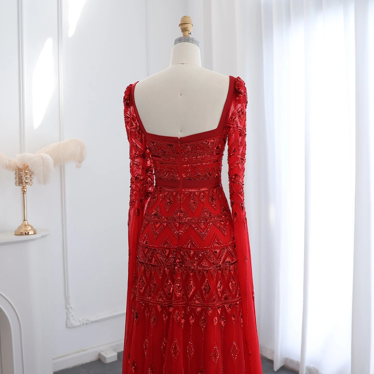 Sage Green Wine Red Burgundy Evening Gown with Cape Sleeve — Arabic Luxury 2026 — Riviera Couture GCC Luxury Evening Gown