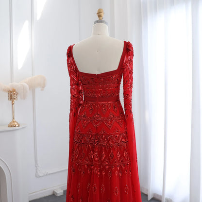 Sage Green Wine Red Burgundy Evening Gown with Cape Sleeve — Arabic Luxury 2026 — Riviera Couture GCC Luxury Evening Gown