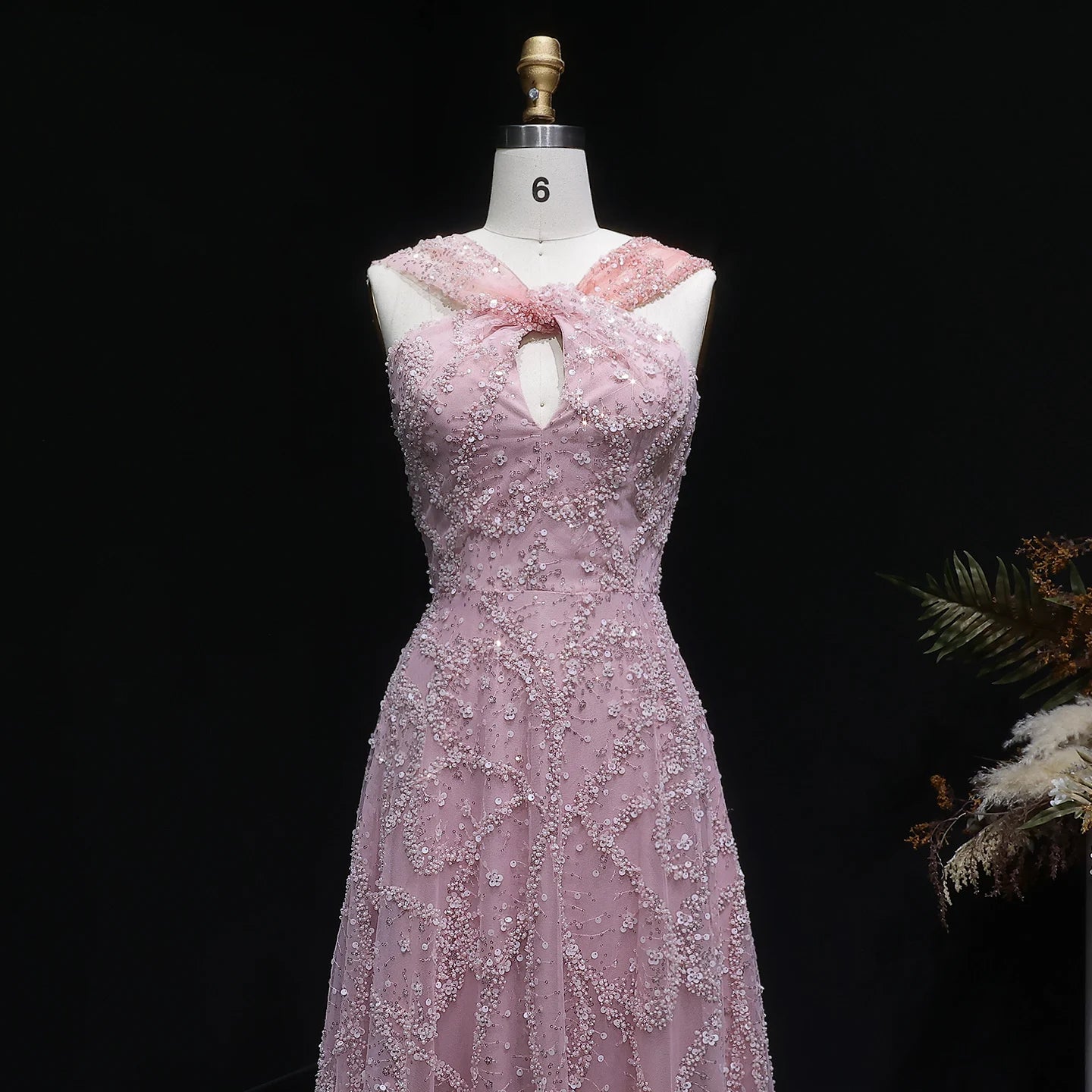 Gradient Pink Ombré Pink Criss-Cross Neck Evening Gown — Luxury GCC Formal — Riviera Couture GCC Luxury Evening Gown
