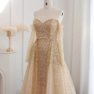 Champagne Gold Mermaid Evening Dress with Detachable Overskirt Off Shoulder RC29 - Riviera Couture