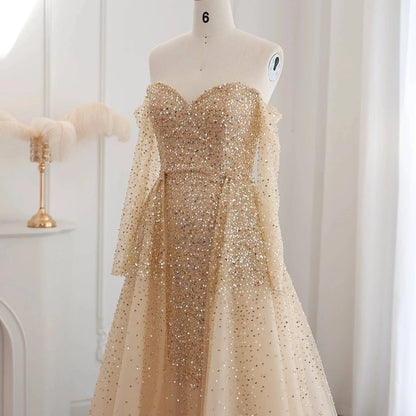Champagne Gold Mermaid Evening Dress with Detachable Overskirt Off Shoulder RC29 - Riviera Couture