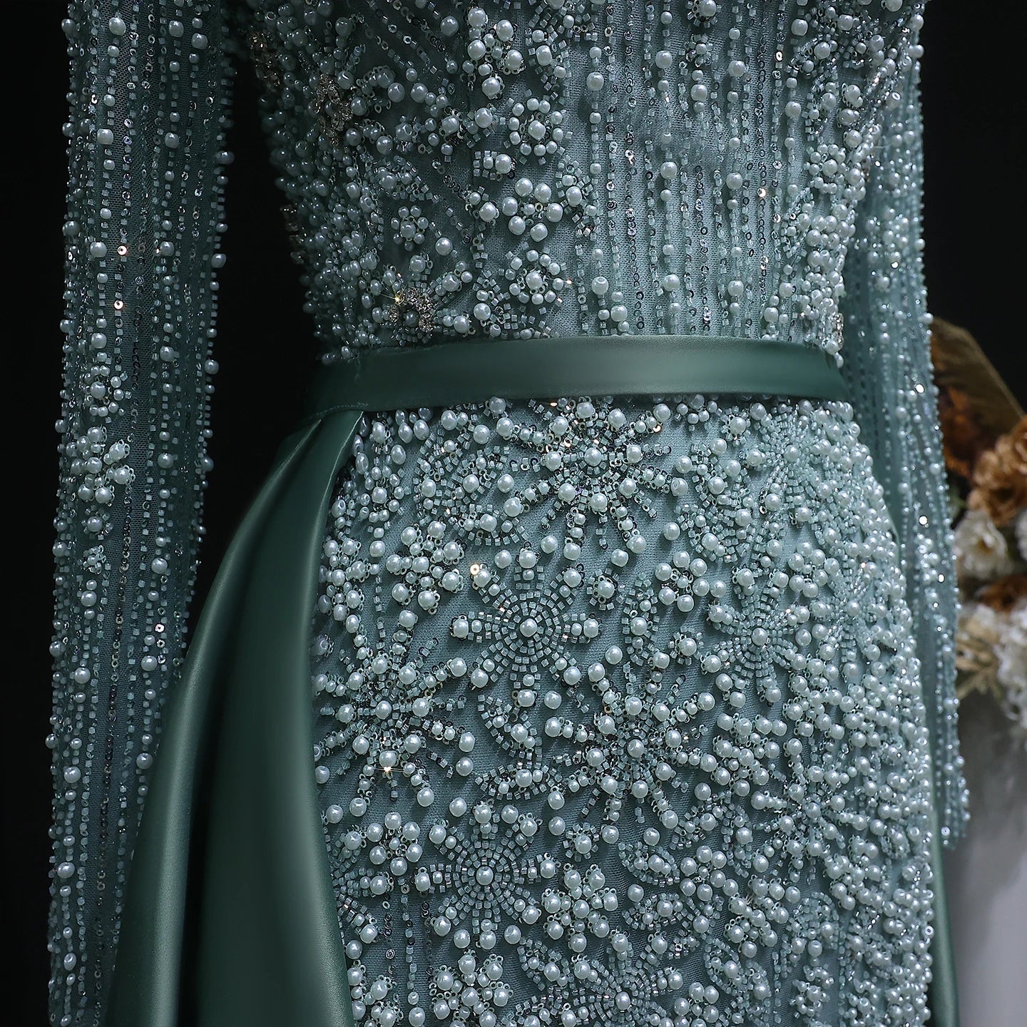 Green Beaded Long Sleeve Mermaid Evening Gown with Overskirt — Arabic — Riviera Couture GCC Luxury Evening Gown