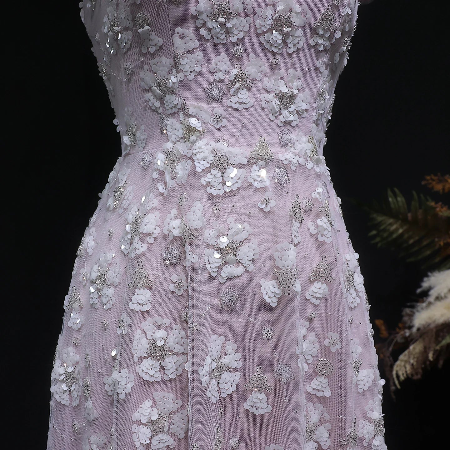 Light Pink Floral Evening Gown — Square Neck Open Back GCC Wedding — Riviera Couture GCC Luxury Evening Gown