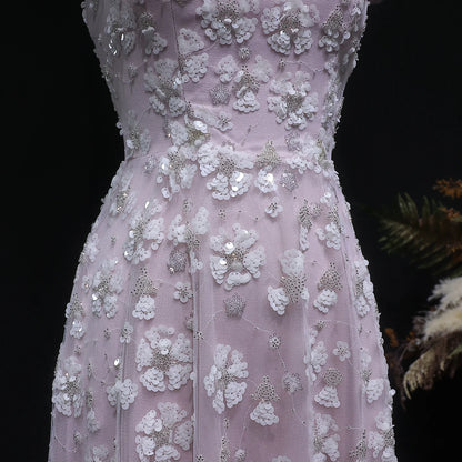 Light Pink Floral Evening Gown — Square Neck Open Back GCC Wedding — Riviera Couture GCC Luxury Evening Gown