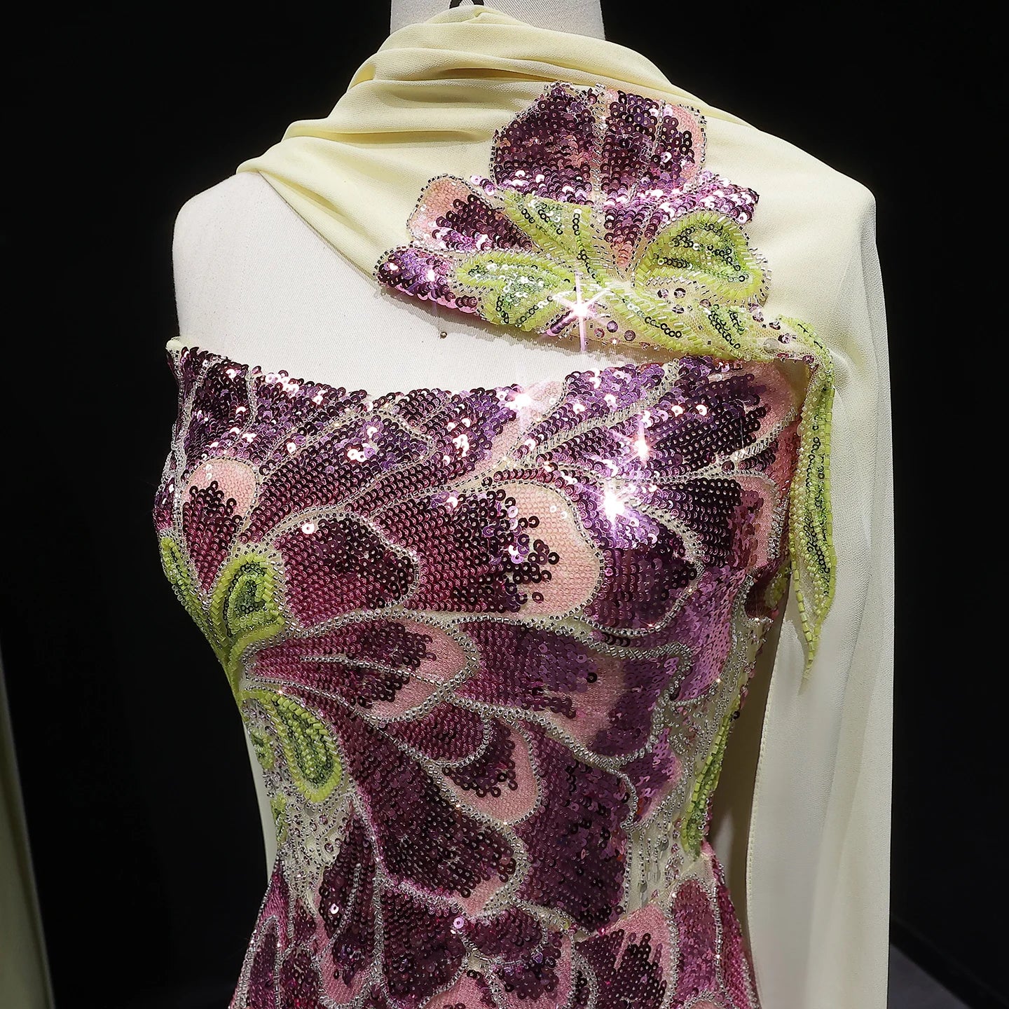 Beaded Sequined Mermaid Evening Gown with Scarf — GCC Luxury — Riviera Couture GCC Luxury Evening Gown