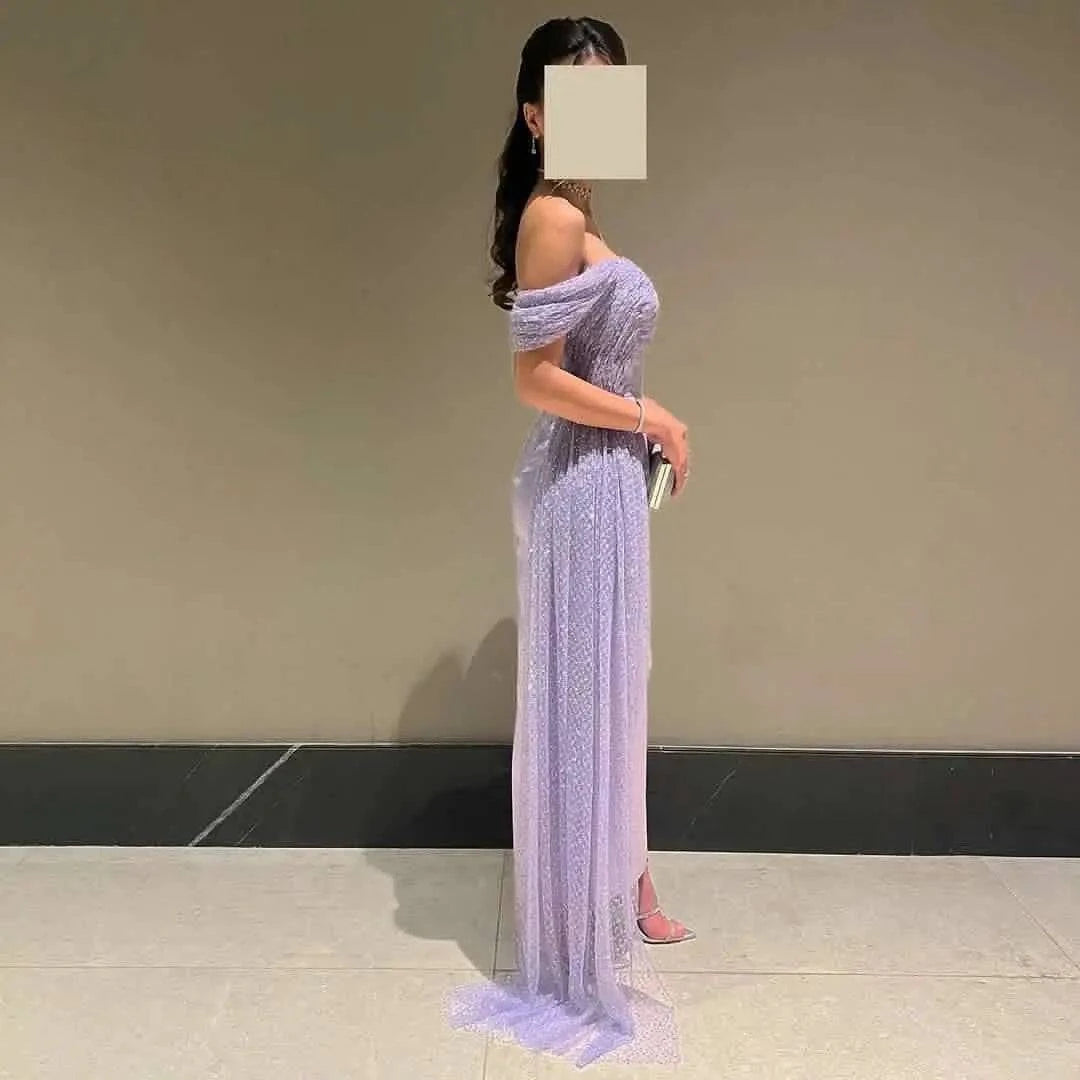 Elegant Off Shoulder Lilac Evening Dress with Overskirt - Riviera Couture