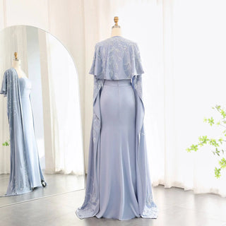 Blue Mermaid Evening Dress with Cape Sleeves - Riviera Couture