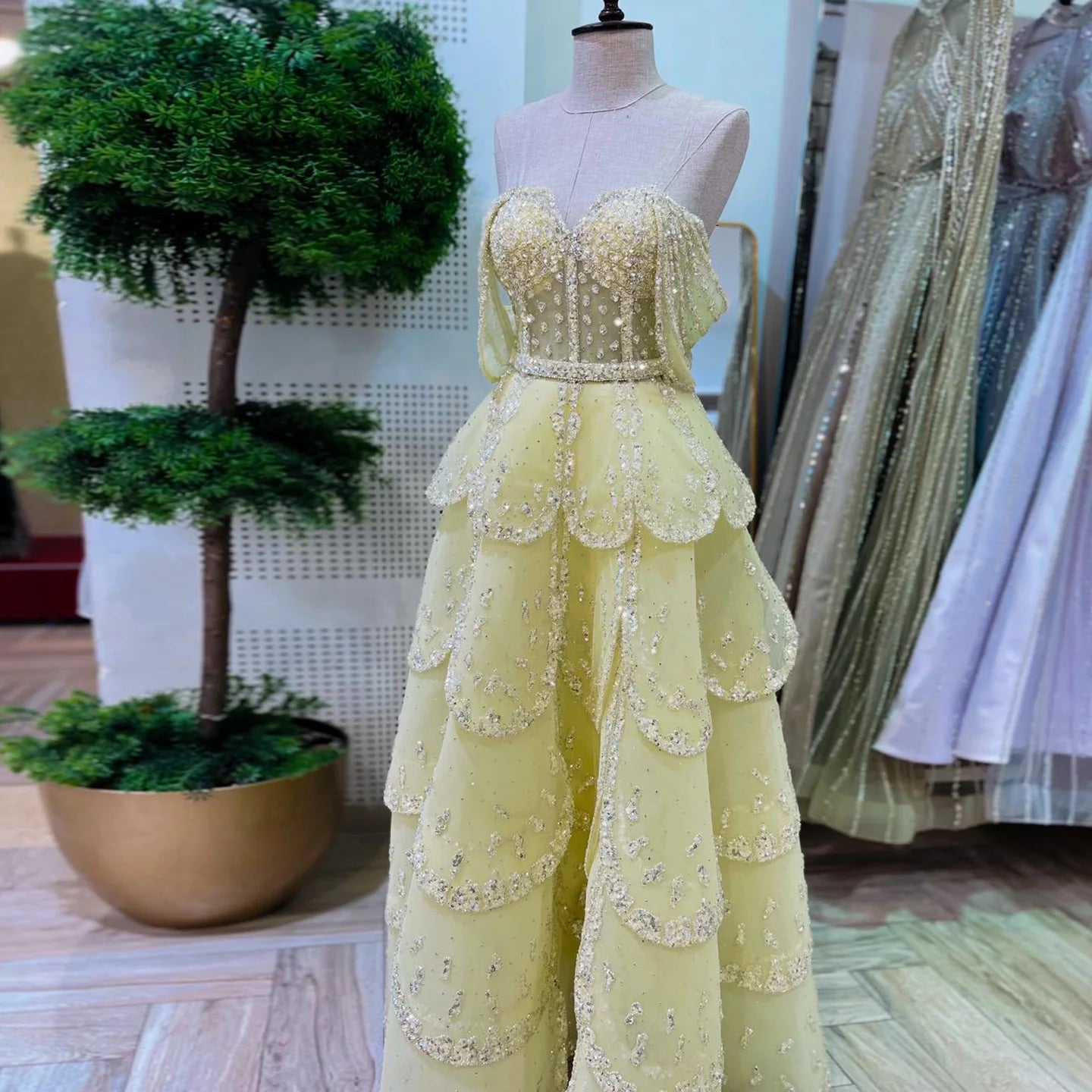Light Blue Off-Shoulder Tiered Ruffle Evening Gown — Luxury Beaded Arabic — Riviera Couture GCC Luxury Evening Gown