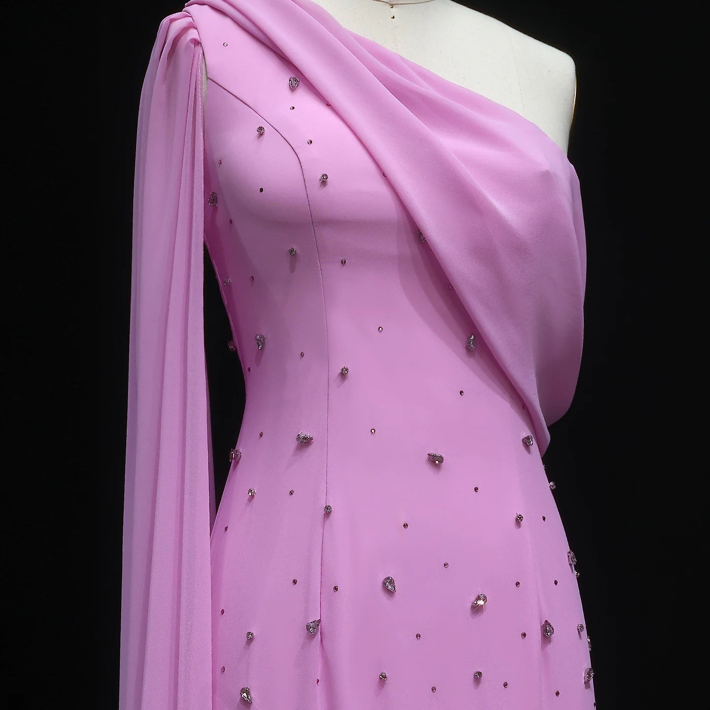 Modest One-Shoulder Mermaid Evening Gown — 3D Leaves Crystal Cape — Riviera Couture GCC Luxury Evening Gown