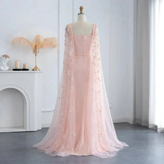 Pink 3D Flowers Evening Dress with Cape Sleeves - Riviera Couture