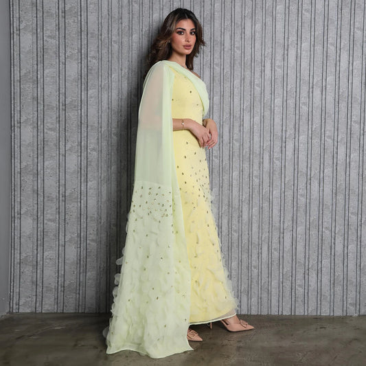 Pink Modest One-Shoulder Mermaid Evening Gown — 3D Leaves Crystal Cape — Riviera Couture GCC Luxury Evening Gown