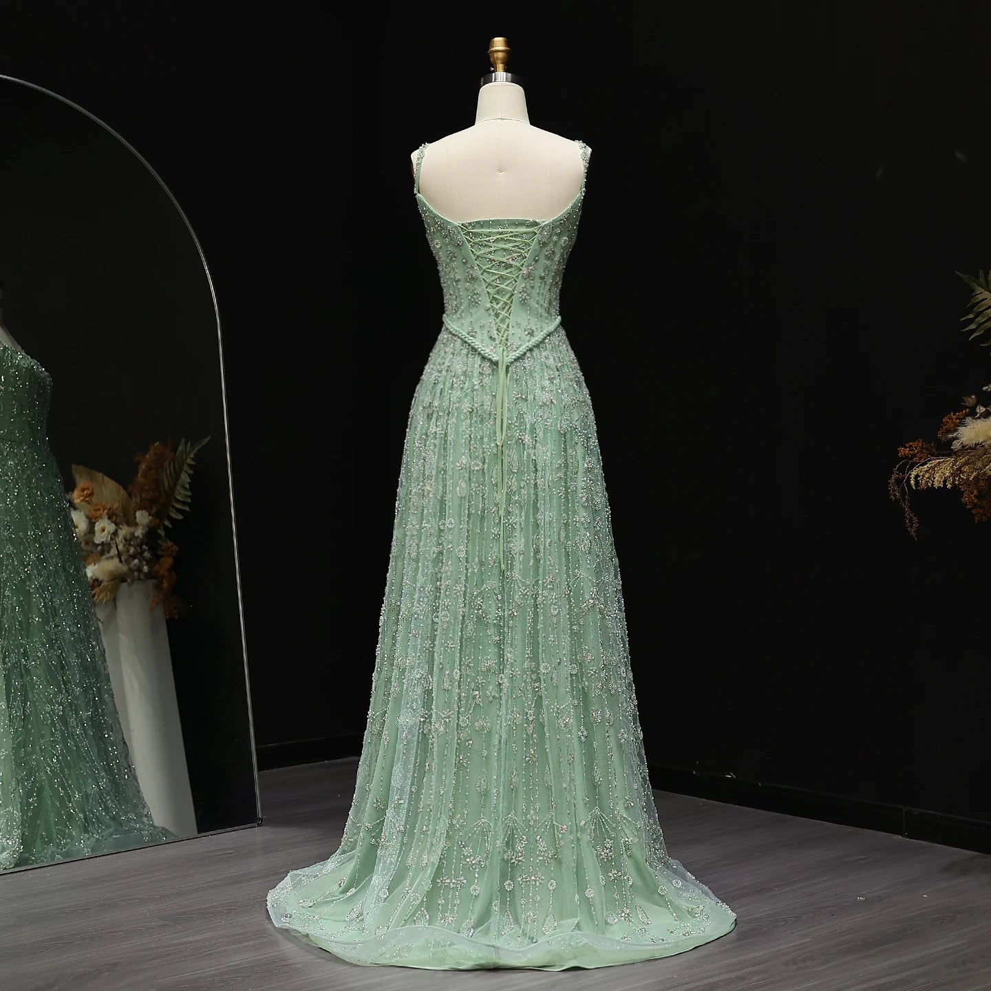 Burgundy Sage Green Spaghetti Strap Evening Gown — Arabic Luxury 2026 — Riviera Couture GCC Luxury Evening Gown