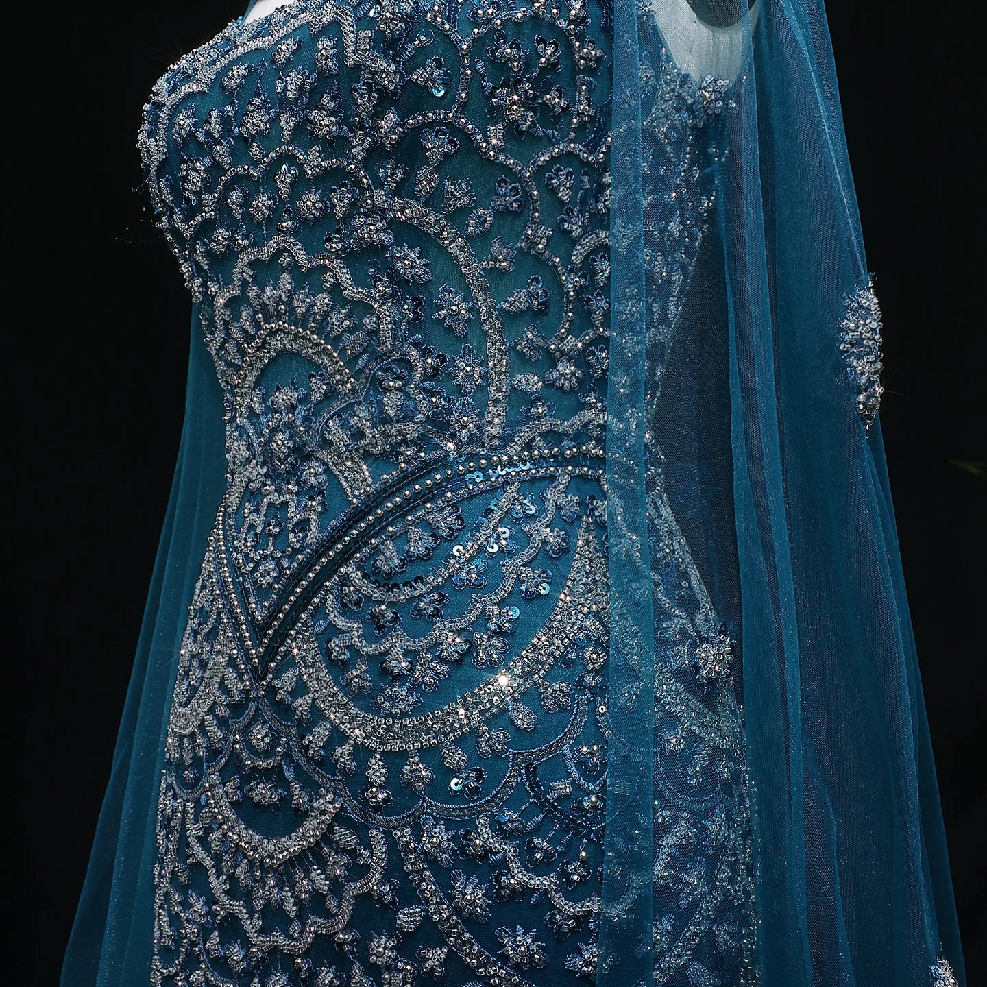 Teal Plus Size Beaded Mermaid Evening Gown with Cape — GCC Luxury Formal — Riviera Couture GCC Luxury Evening Gown