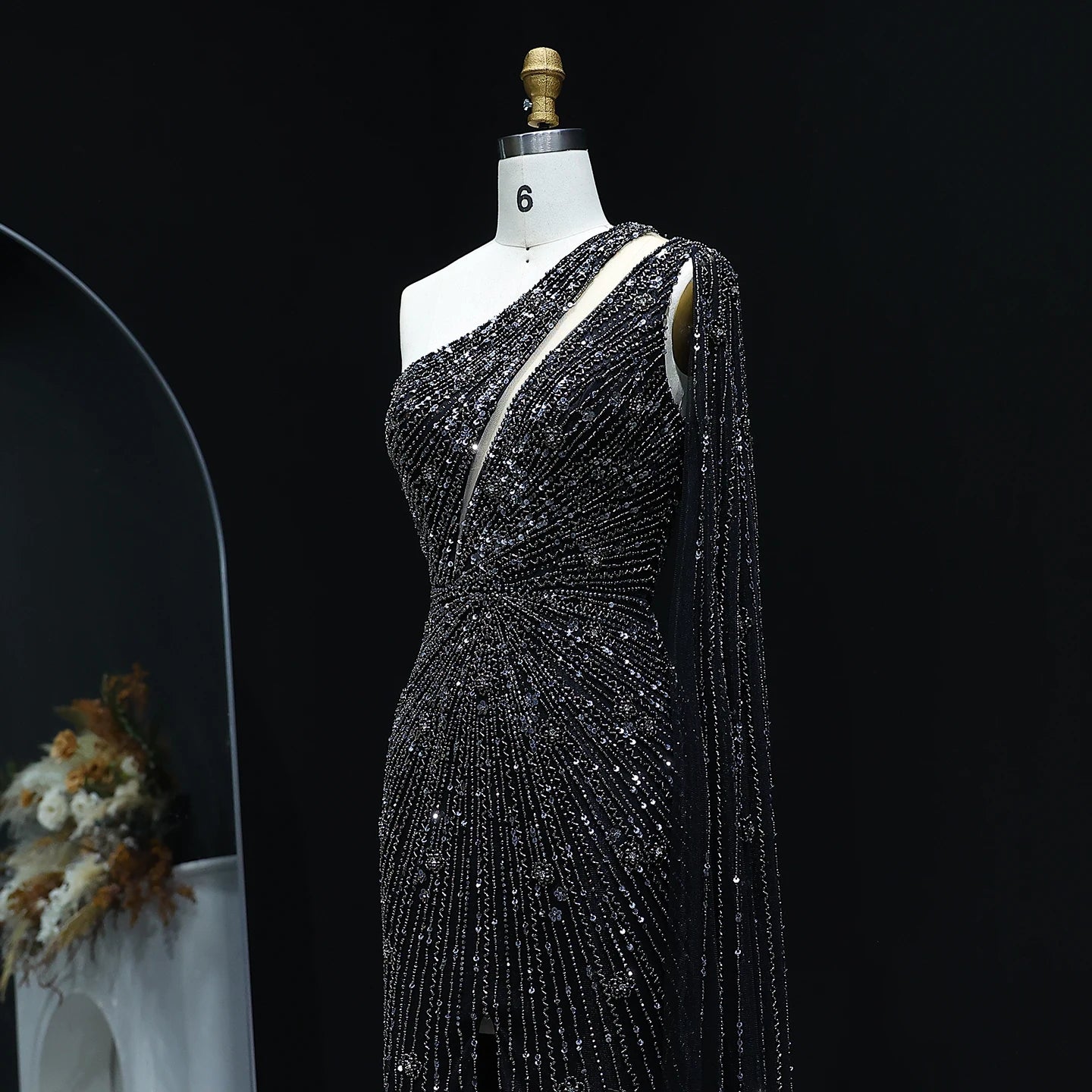 Yellow Black One-Shoulder Mermaid Evening Gown with Yellow Flowing Cape — Riviera Couture GCC Luxury Evening Gown
