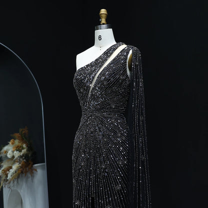 Yellow Black One-Shoulder Mermaid Evening Gown with Yellow Flowing Cape — Riviera Couture GCC Luxury Evening Gown
