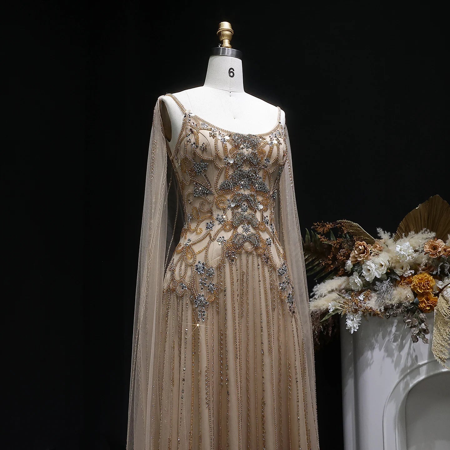 Champagne Crystal Beaded Evening Gown with Cape — Luxury GCC Wedding Formal — Riviera Couture GCC Luxury Evening Gown