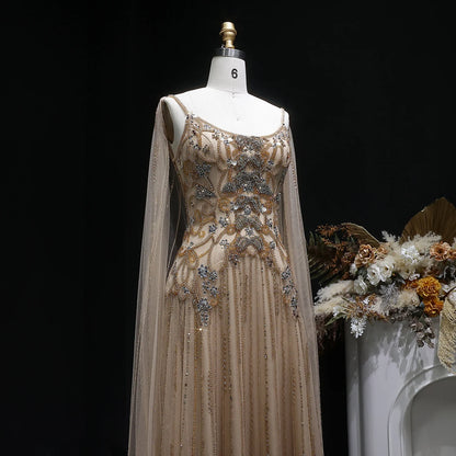 Champagne Crystal Beaded Evening Gown with Cape — Luxury GCC Wedding Formal — Riviera Couture GCC Luxury Evening Gown