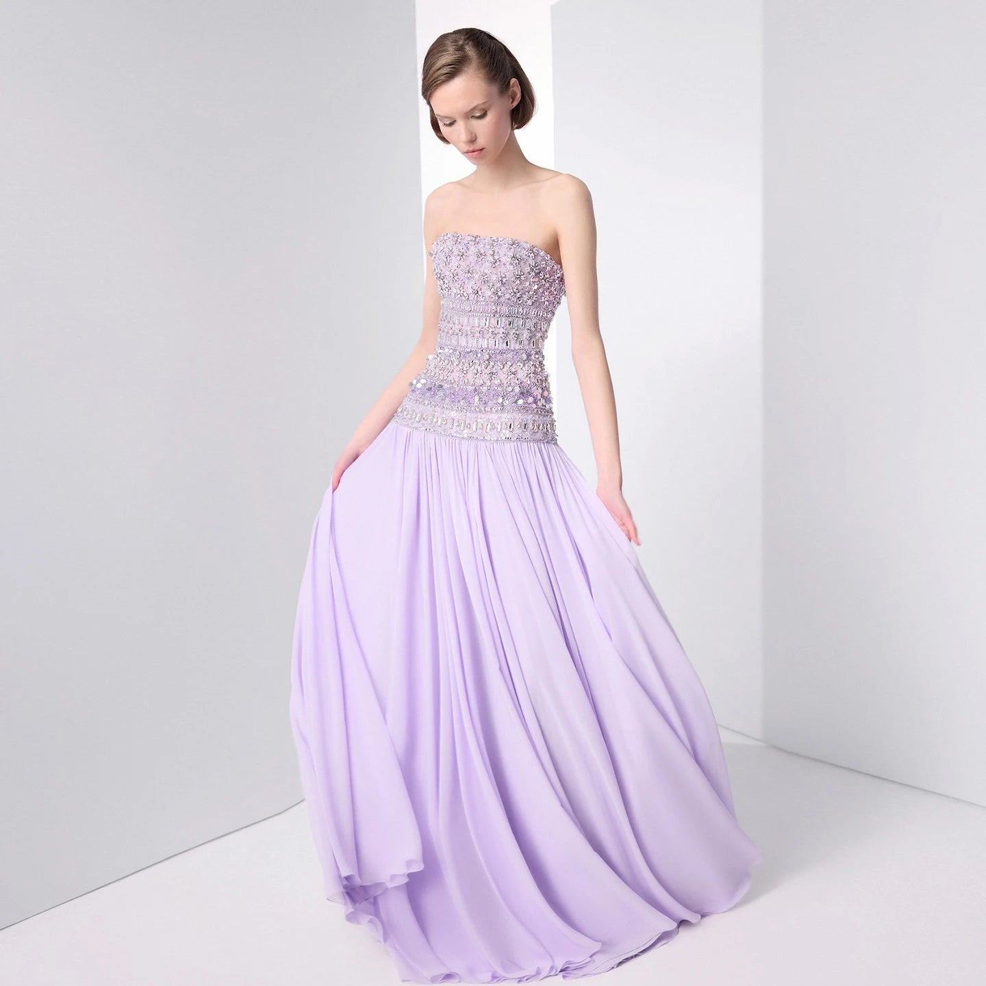 Peach Lilac Beaded Strapless Evening Gown with Flowing Chiffon Skirt — Riviera Couture GCC Luxury Evening Gown
