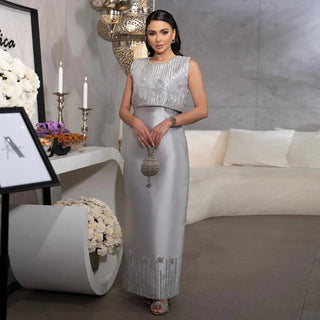 Rhinestones Silver Gray Midi Evening Dress - Riviera Couture