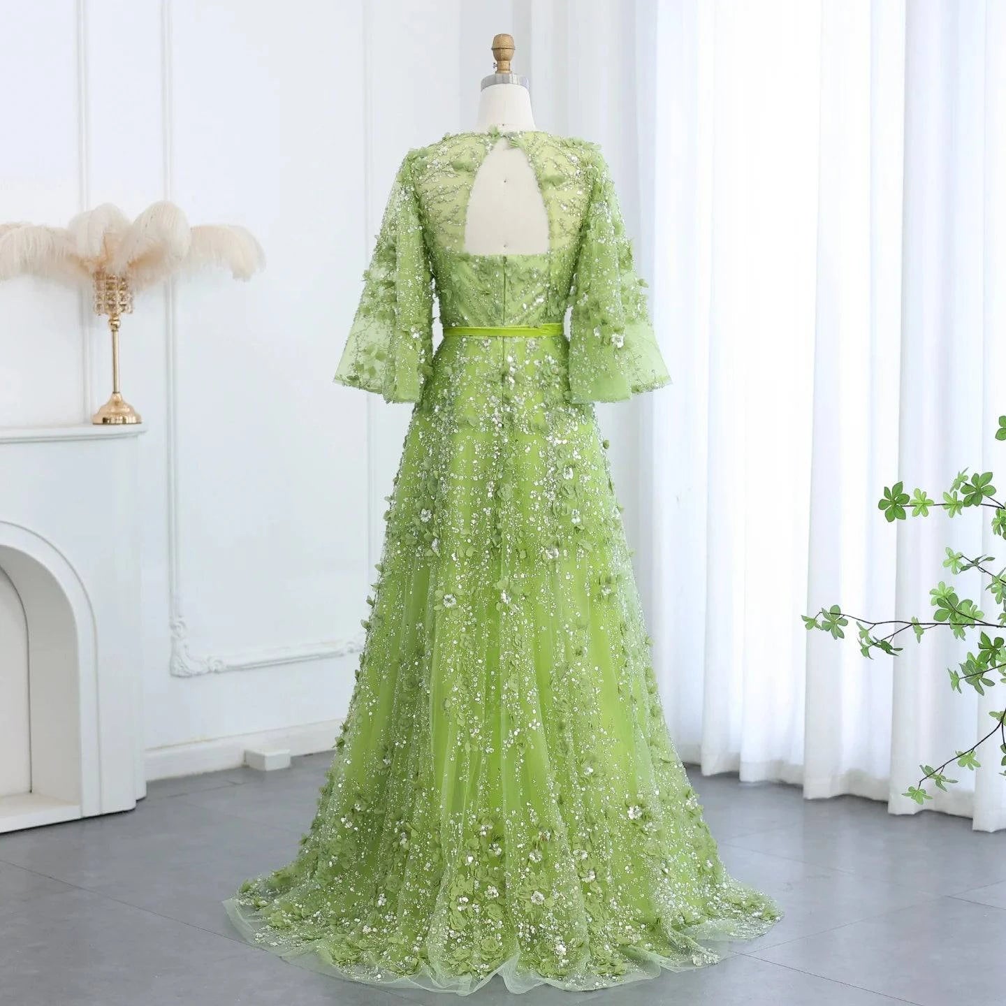 Plunging V-neck Green 3D Embroidered Flowers Evening Dress - Riviera Couture