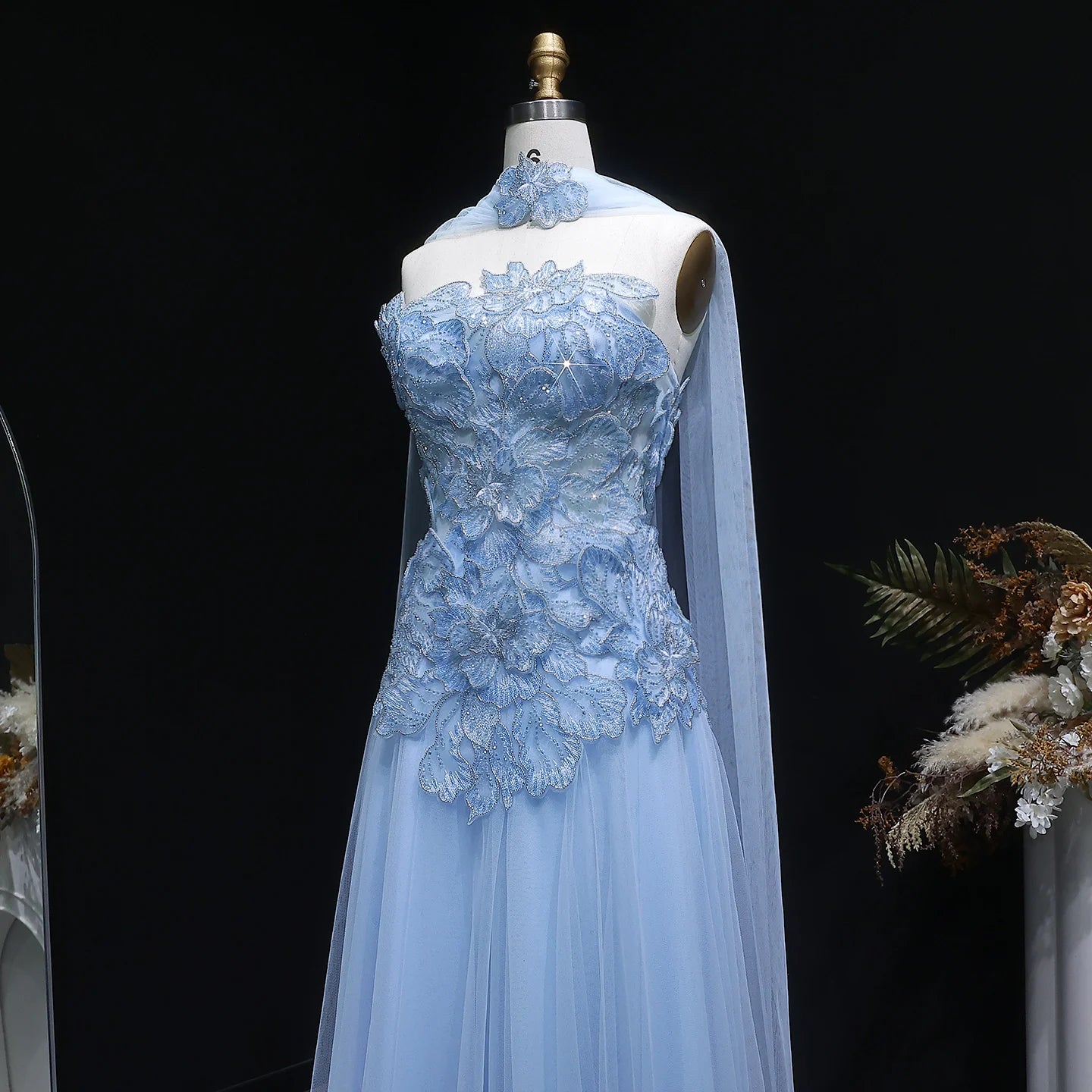 A-Line Evening Gown with Scarf — Appliqué Beaded GCC Formal — Riviera Couture GCC Luxury Evening Gown