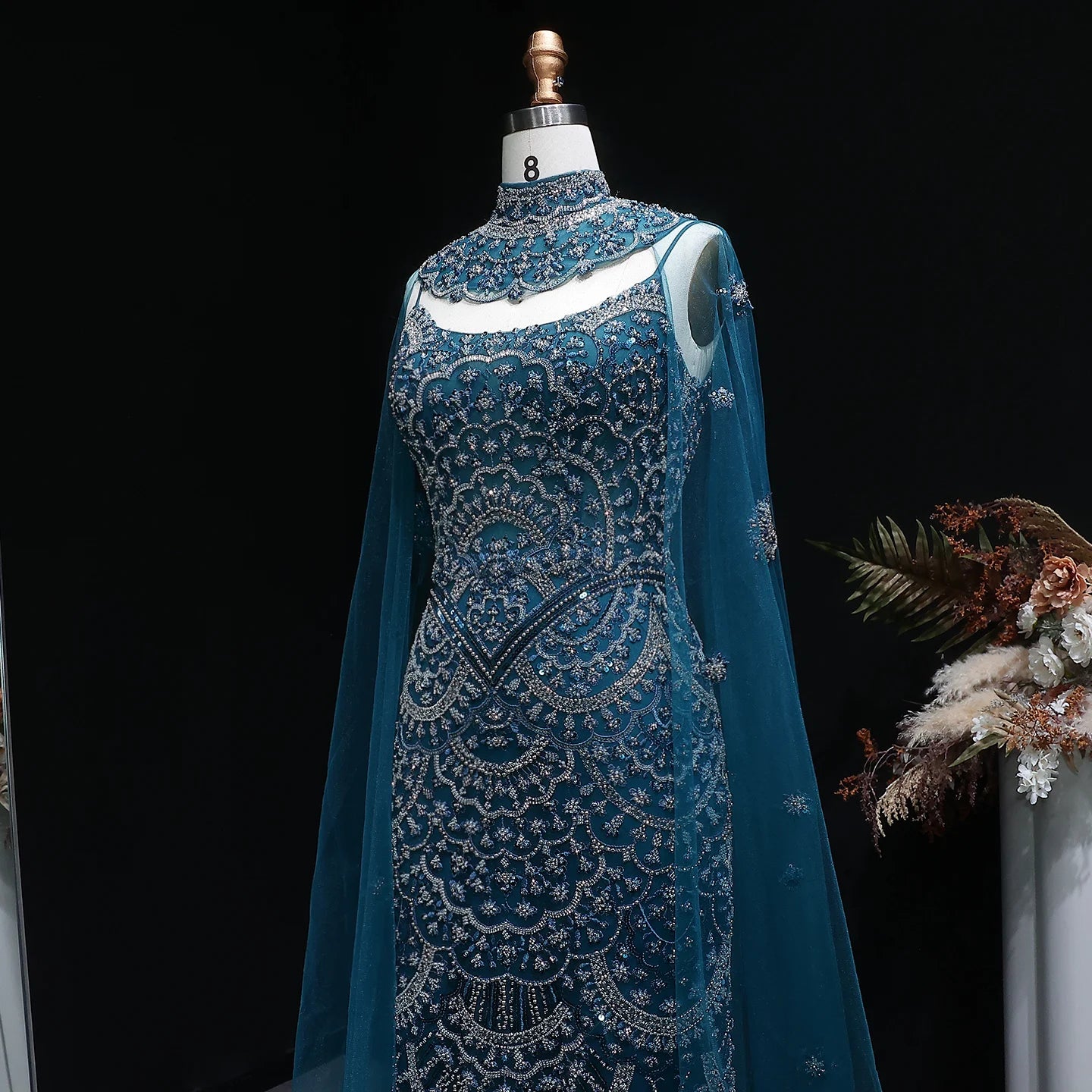 Teal Plus Size Beaded Mermaid Evening Gown with Cape — GCC Luxury Formal — Riviera Couture GCC Luxury Evening Gown