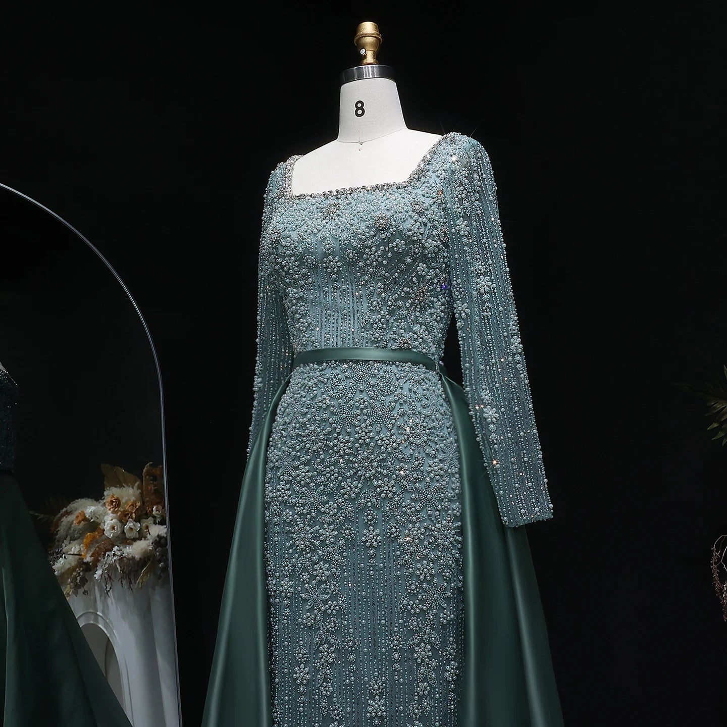 Champagne Beaded Long Sleeve Mermaid Evening Gown with Overskirt — Arabic — Riviera Couture GCC Luxury Evening Gown