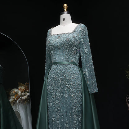 Champagne Beaded Long Sleeve Mermaid Evening Gown with Overskirt — Arabic — Riviera Couture GCC Luxury Evening Gown