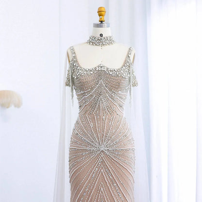 Silver Nude Gown with Tassels and Crystals - Riviera Couture