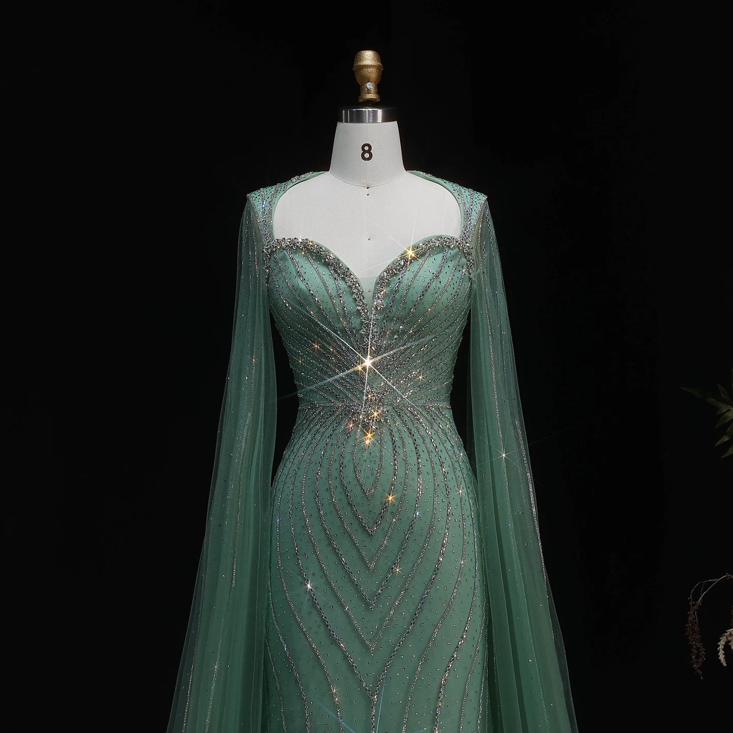 Pink Beaded Mermaid Evening Gown with Cape Sleeves — Dubai Arabic Formal — Riviera Couture GCC Luxury Evening Gown