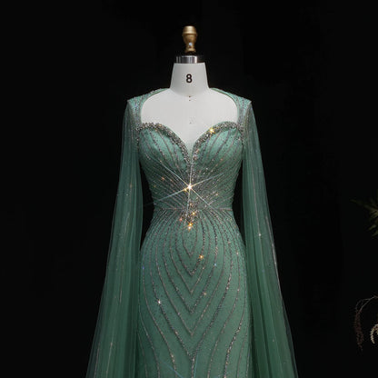 Pink Beaded Mermaid Evening Gown with Cape Sleeves — Dubai Arabic Formal — Riviera Couture GCC Luxury Evening Gown