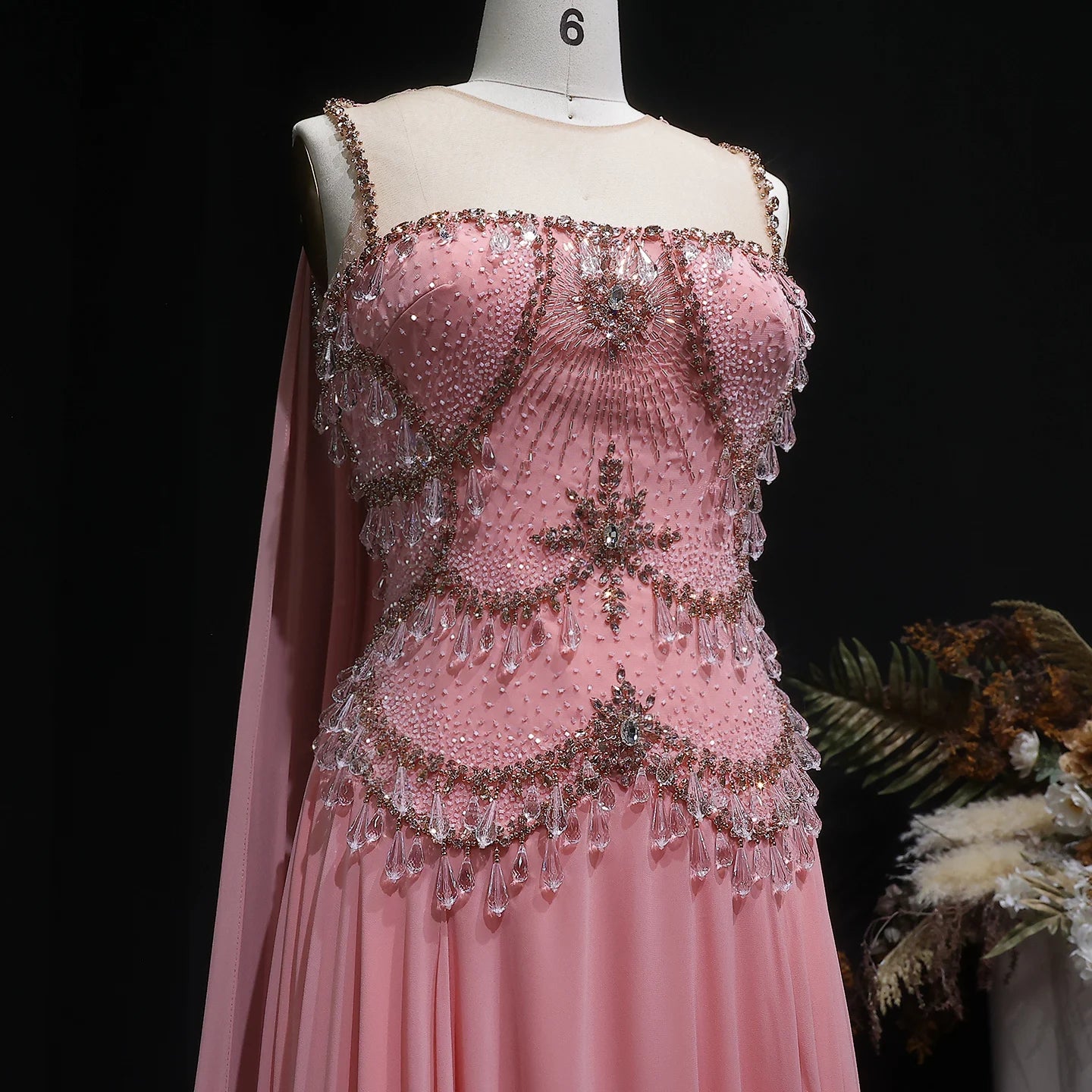 Silver Gold Silver Gold Cape Sleeve Evening Gown — Crystal Beaded Blush Pink — Riviera Couture GCC Luxury Evening Gown