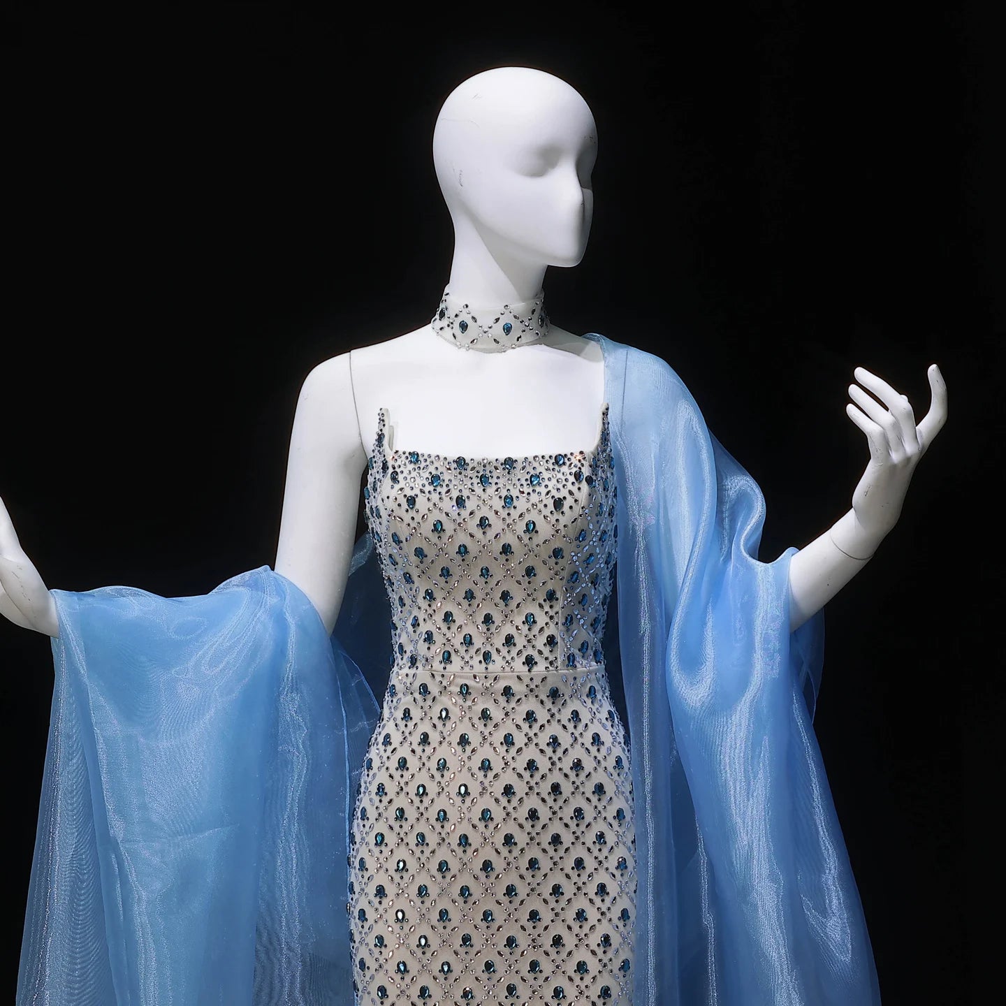 Blue Beaded Crystal Evening Gown with Cape — Luxury GCC Formal 2026 — Riviera Couture GCC Luxury Evening Gown