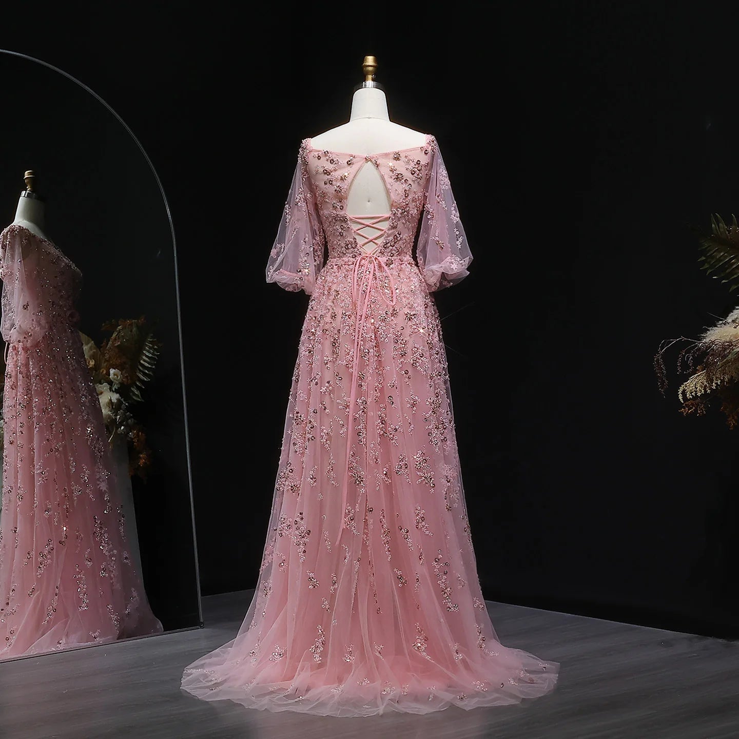 Pink Pink Long Sleeve Evening Gown with Bow — Luxury Beaded Arabic GCC — Riviera Couture GCC Luxury Evening Gown