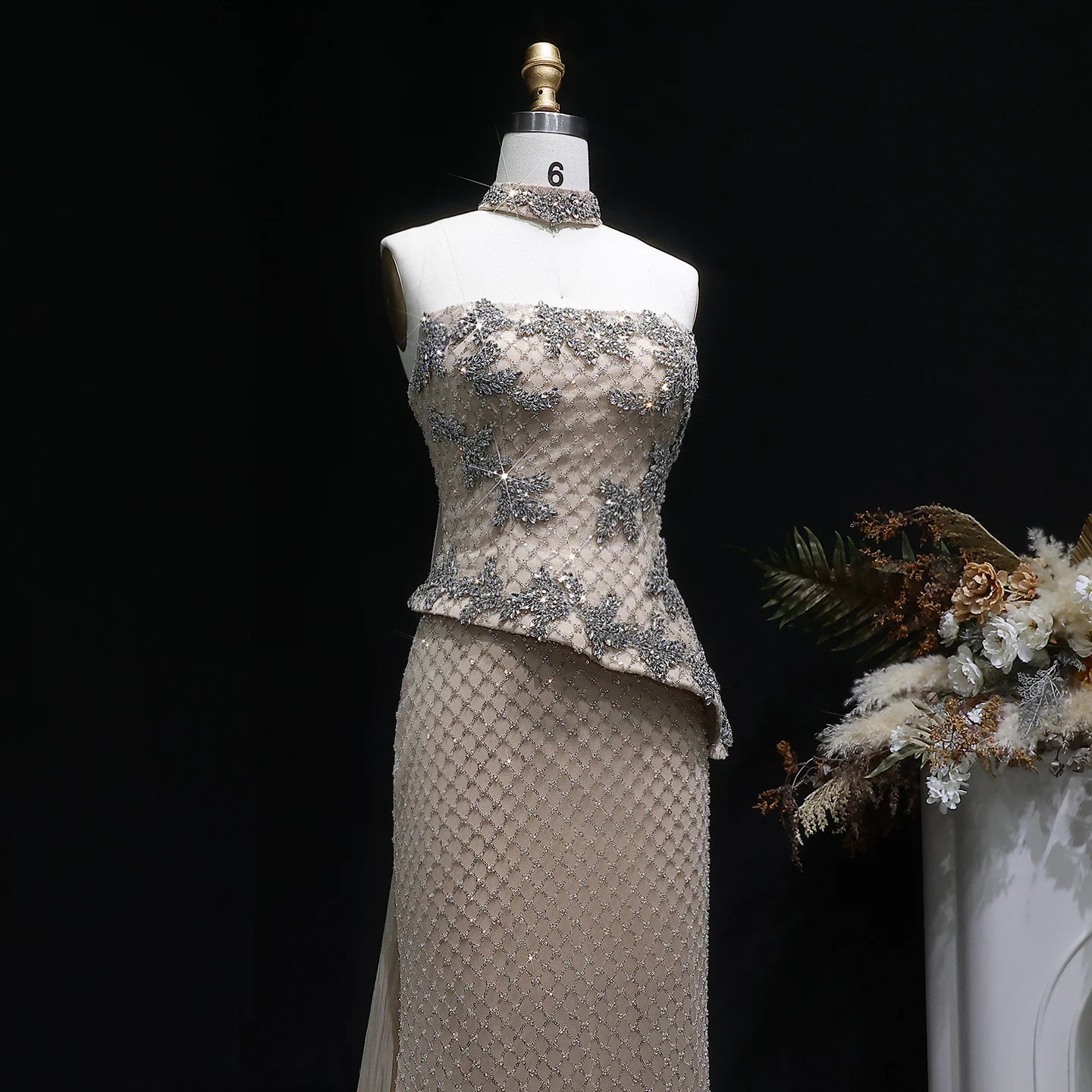 Champagne Crystal Sequined Mermaid Evening Gown with Cape — GCC Luxury 2026 — Riviera Couture GCC Luxury Evening Gown