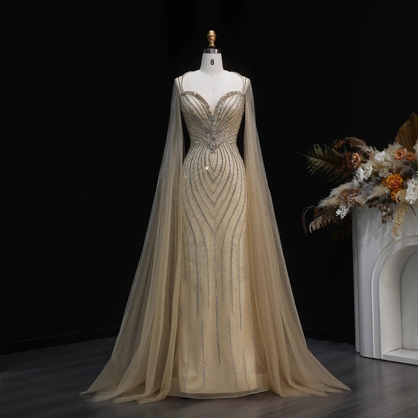 Green Beaded Mermaid Evening Gown with Cape Sleeves — Dubai Arabic Formal — Riviera Couture GCC Luxury Evening Gown