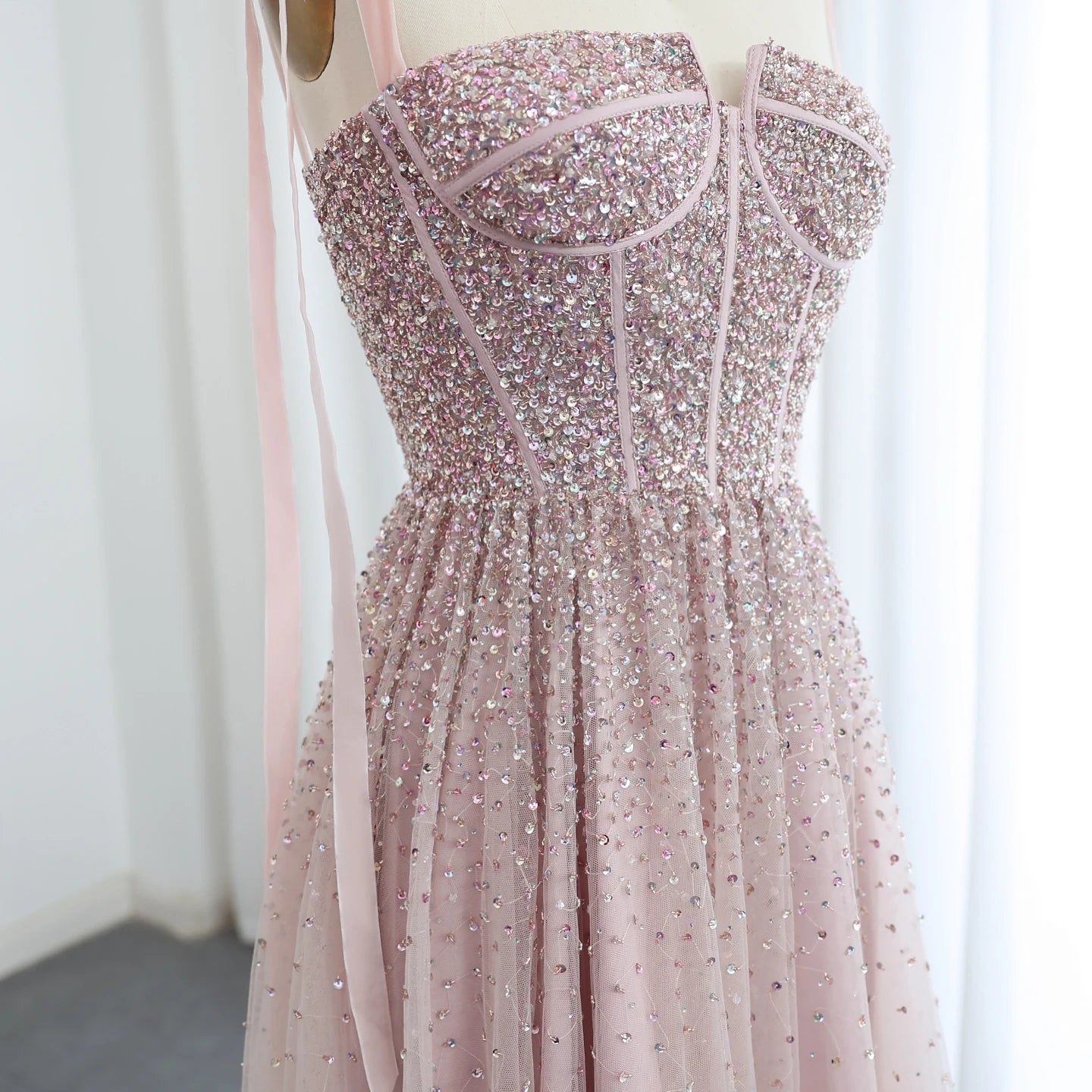 Pink Wine Red and Blush Pink Beaded Evening Gown with Straps — Dubai — Riviera Couture GCC Luxury Evening Gown
