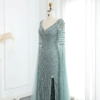 Beaded Mermaid Evening Dress with Cape Sleeves Side Slit - RC18 - Riviera Couture