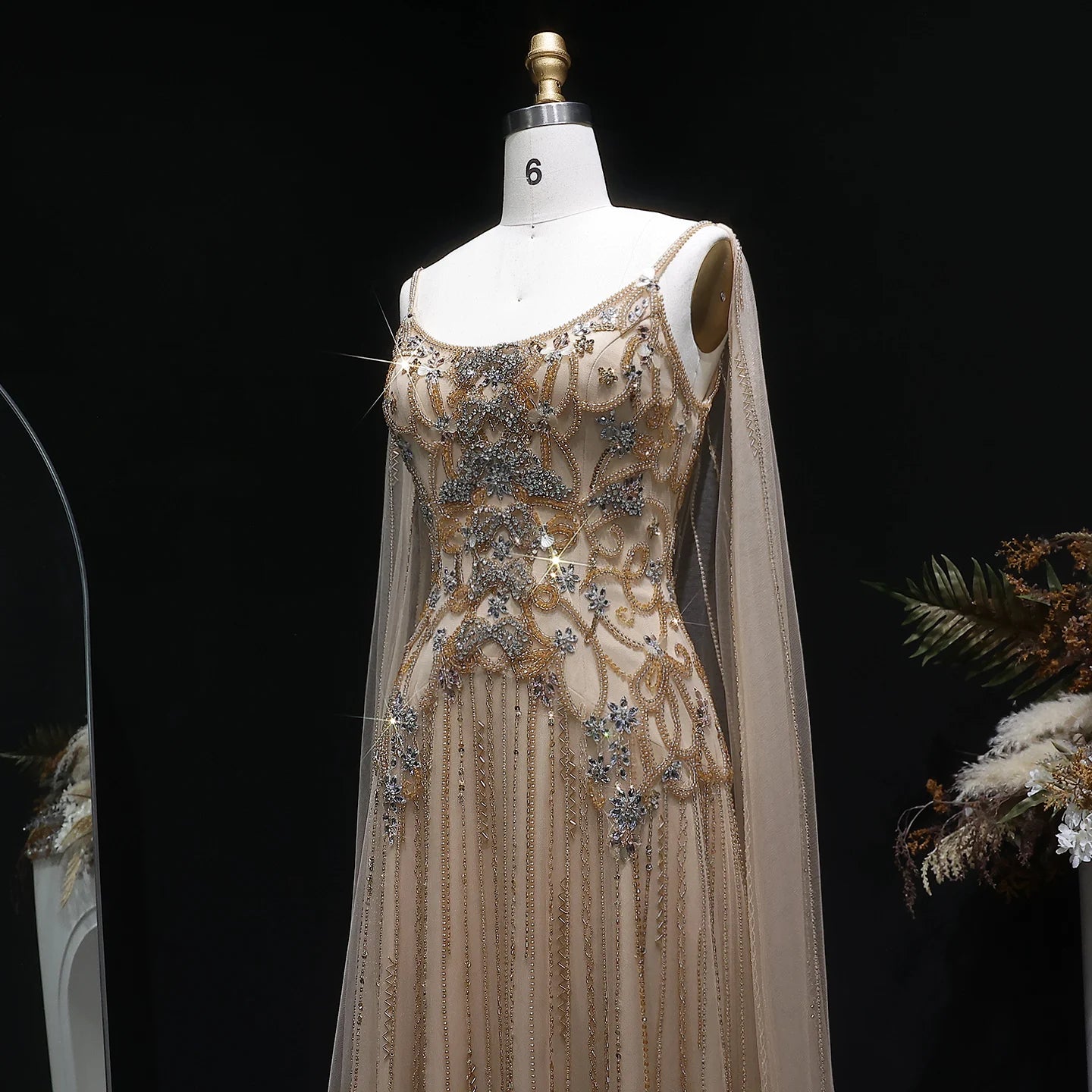 Champagne Crystal Beaded Evening Gown with Cape — Luxury GCC Wedding Formal — Riviera Couture GCC Luxury Evening Gown