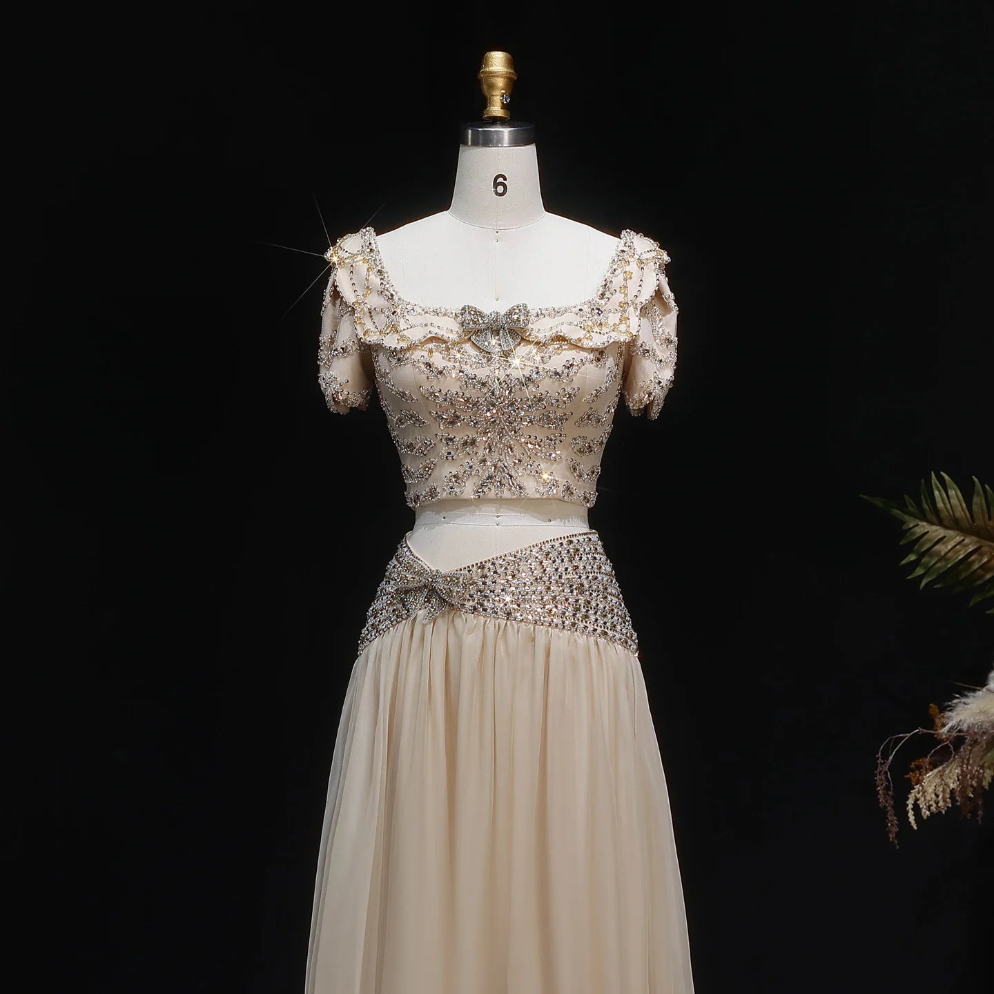 Champagne Champagne Two-Piece Evening Gown — Short Sleeve Sequined Bowknot — Riviera Couture GCC Luxury Evening Gown