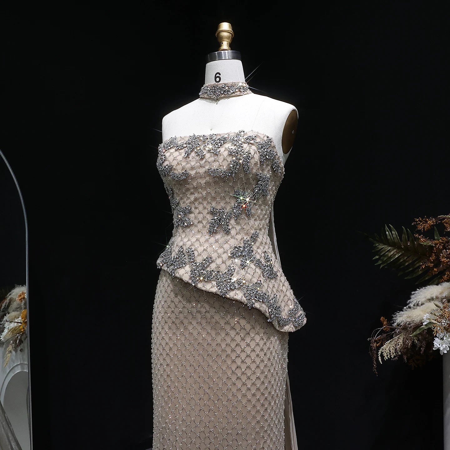 Champagne Crystal Sequined Mermaid Evening Gown with Cape — GCC Luxury 2026 — Riviera Couture GCC Luxury Evening Gown